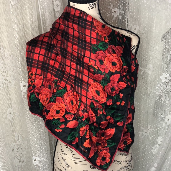 Vintage Ann Taylor Silk Scarf, 34" Square Red Floral, Black and Red Check Center - Picture 3 of 8
